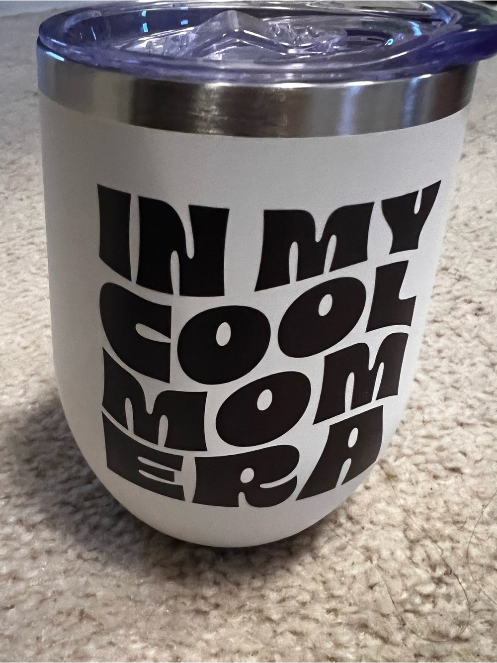 Insulated White Stemless Wine Tumbler with 'In My Cool Mom Era' Print